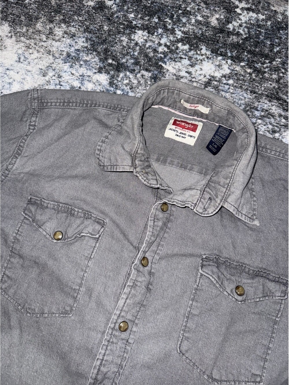 Wrangler Indigo Men’s Large Gray Western Snap Shirt Long Sleeve Pearl Snaps